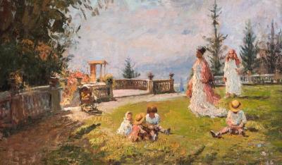 Familia en el jardín (Villa de los Olmos en Lanzo)