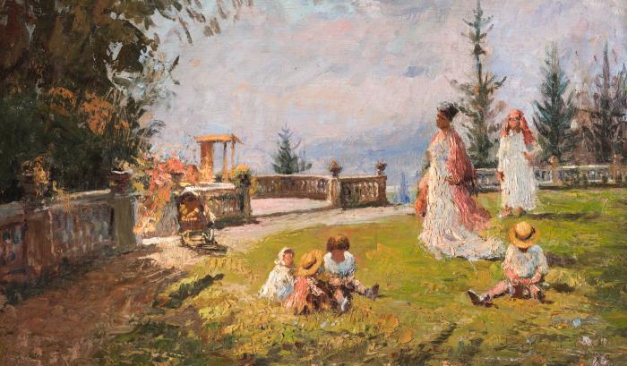 Familia en el jardín (Villa de los Olmos en Lanzo)